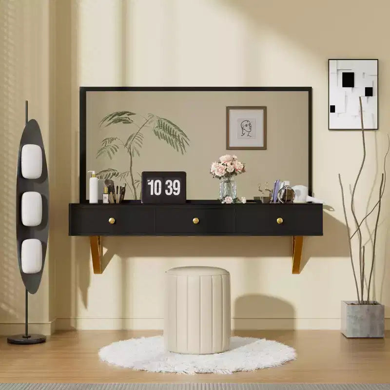 JVNOXK Coiffeuse murale multifonctionnelle de 47 pouces avec tiroirs et étagères flottantes, adaptée aux bureaux, aux chambres et à la coiffure, noir et or