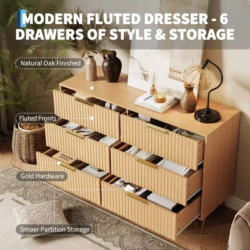 Commode en bois moderne avec 6 tiroirs cannelés, grand coffre de rangement avec poignées en métal, commode de chambre anti-basculement pour chambre à coucher, salon, couloir