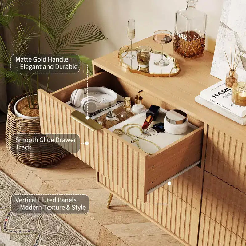 Commode en bois moderne avec 6 tiroirs cannelés, grand coffre de rangement avec poignées en métal, commode de chambre anti-basculement pour chambre à coucher, salon, couloir