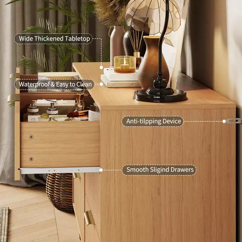 Commode en bois moderne avec 6 tiroirs cannelés, grand coffre de rangement avec poignées en métal, commode de chambre anti-basculement pour chambre à coucher, salon, couloir