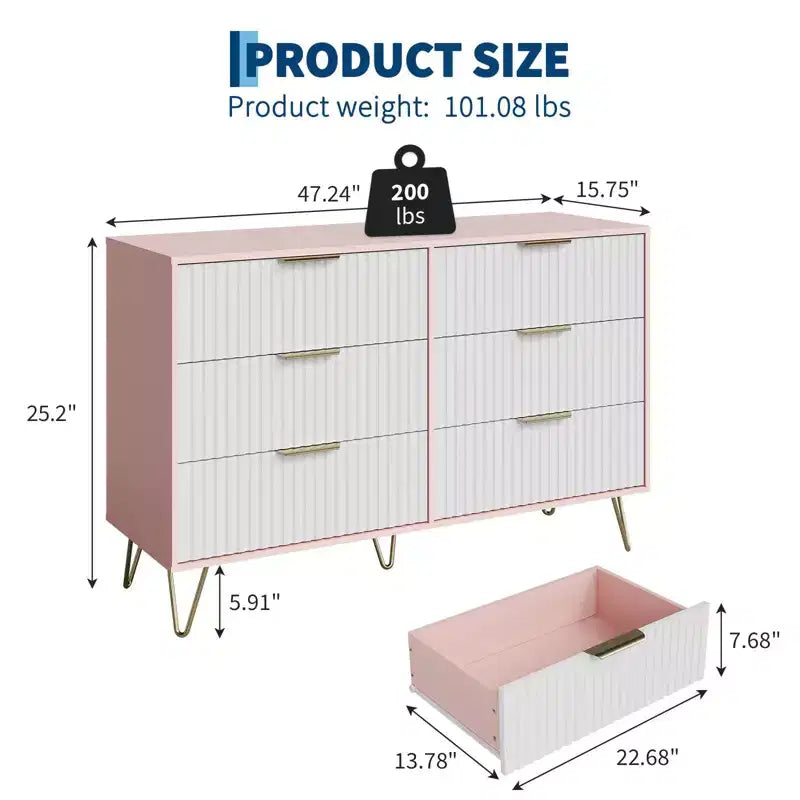 Commode en bois moderne avec 6 tiroirs cannelés, grand coffre de rangement avec poignées en métal, commode de chambre anti-basculement pour chambre à coucher, salon, couloir