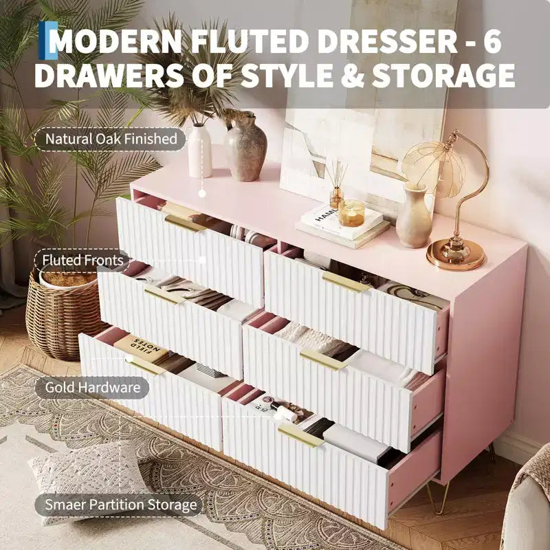 Commode en bois moderne avec 6 tiroirs cannelés, grand coffre de rangement avec poignées en métal, commode de chambre anti-basculement pour chambre à coucher, salon, couloir
