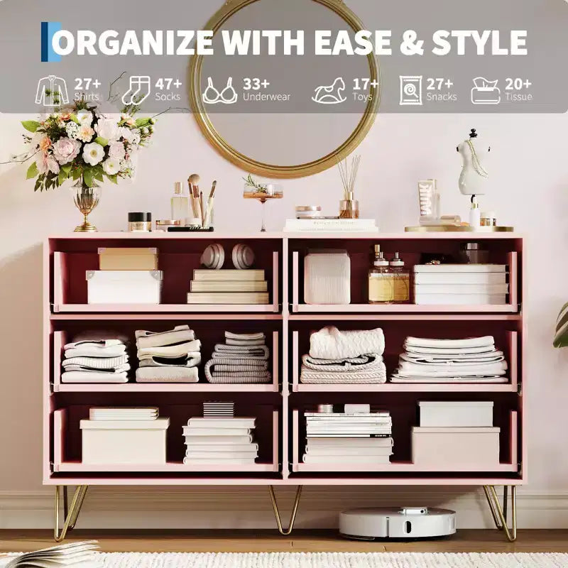 Commode en bois moderne avec 6 tiroirs cannelés, grand coffre de rangement avec poignées en métal, commode de chambre anti-basculement pour chambre à coucher, salon, couloir
