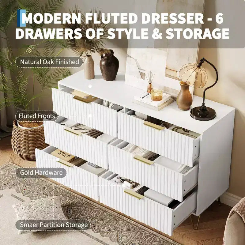 Commode en bois moderne avec 6 tiroirs cannelés, grand coffre de rangement avec poignées en métal, commode de chambre anti-basculement pour chambre à coucher, salon, couloir