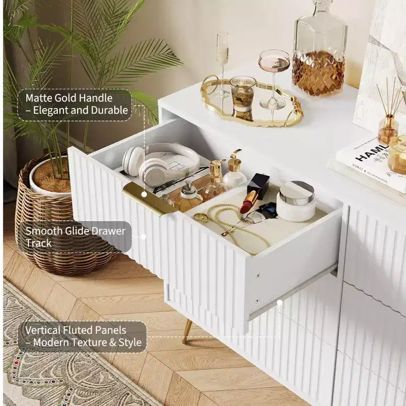 Commode en bois moderne avec 6 tiroirs cannelés, grand coffre de rangement avec poignées en métal, commode de chambre anti-basculement pour chambre à coucher, salon, couloir