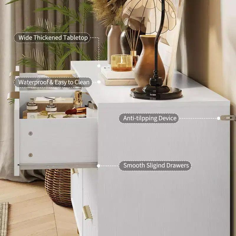 Commode en bois moderne avec 6 tiroirs cannelés, grand coffre de rangement avec poignées en métal, commode de chambre anti-basculement pour chambre à coucher, salon, couloir