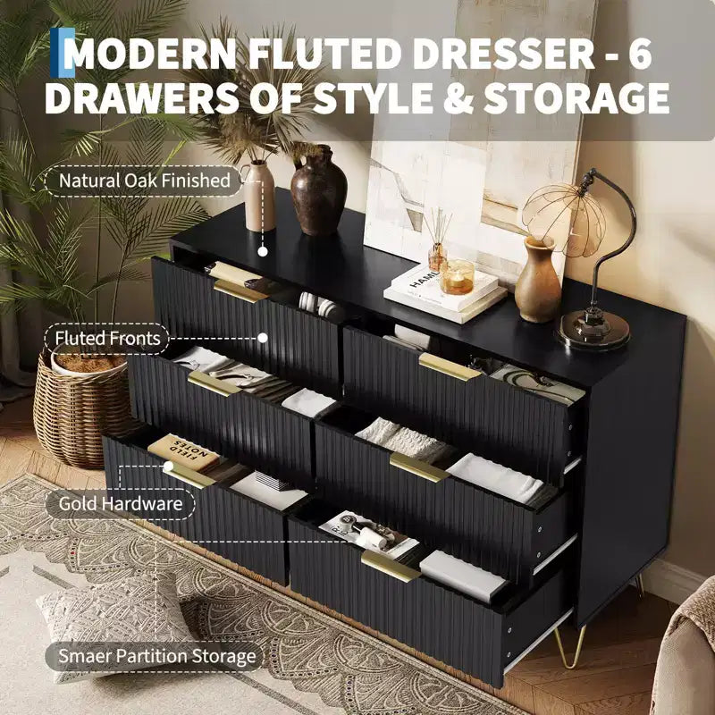 Commode en bois moderne avec 6 tiroirs cannelés, grand coffre de rangement avec poignées en métal, commode de chambre anti-basculement pour chambre à coucher, salon, couloir