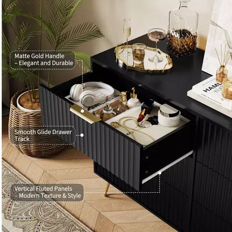 Commode en bois moderne avec 6 tiroirs cannelés, grand coffre de rangement avec poignées en métal, commode de chambre anti-basculement pour chambre à coucher, salon, couloir