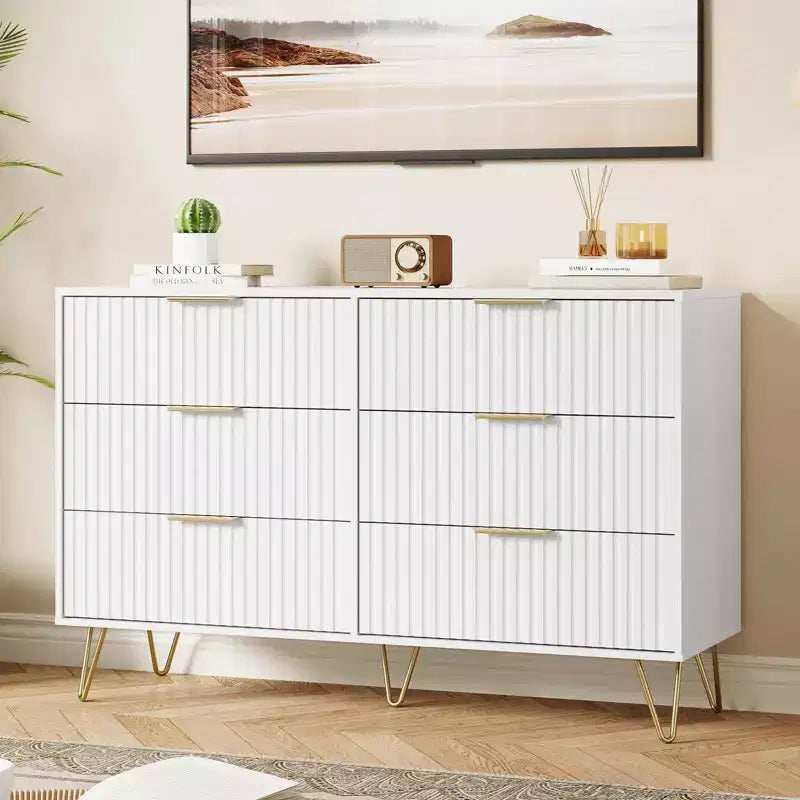 Commode en bois moderne avec 6 tiroirs cannelés, grand coffre de rangement avec poignées en métal, commode de chambre anti-basculement pour chambre à coucher, salon, couloir