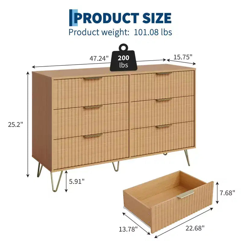 Commode en bois moderne avec 6 tiroirs cannelés, grand coffre de rangement avec poignées en métal, commode de chambre anti-basculement pour chambre à coucher, salon, couloir