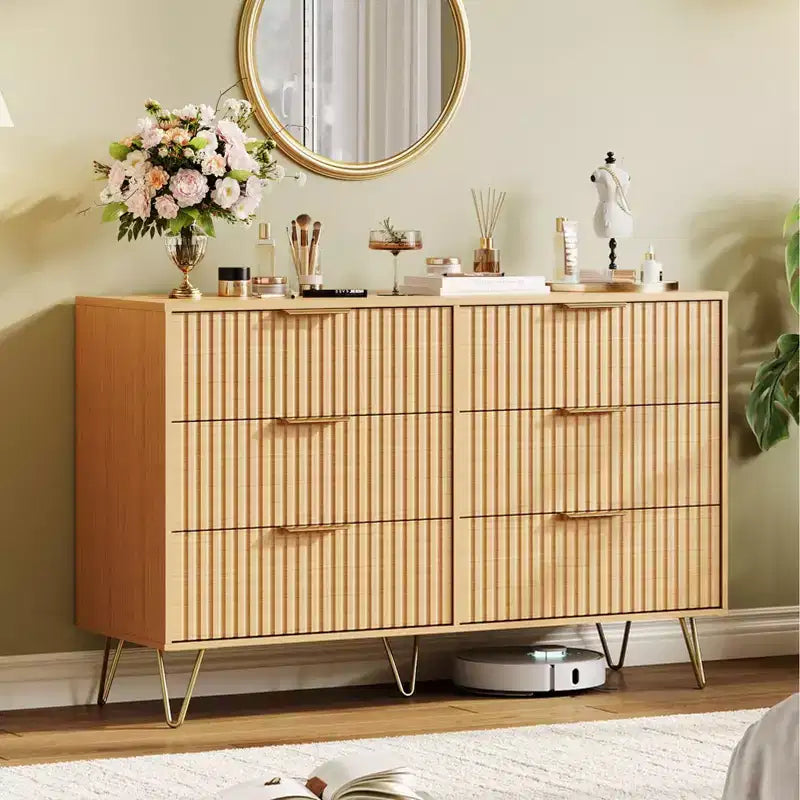 Commode en bois moderne avec 6 tiroirs cannelés, grand coffre de rangement avec poignées en métal, commode de chambre anti-basculement pour chambre à coucher, salon, couloir