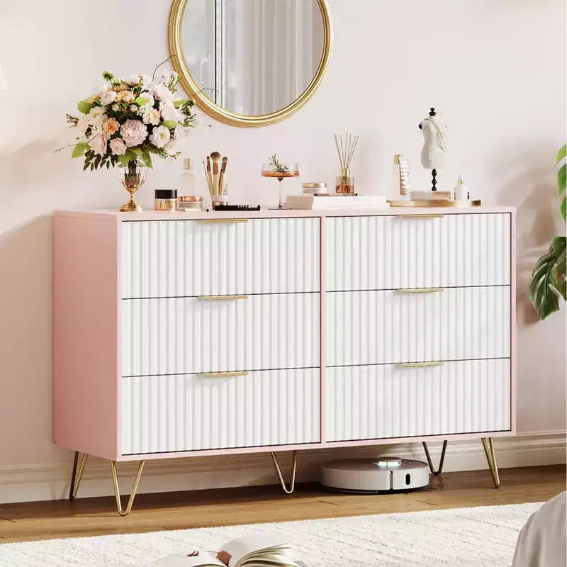 Commode en bois moderne avec 6 tiroirs cannelés, grand coffre de rangement avec poignées en métal, commode de chambre anti-basculement pour chambre à coucher, salon, couloir
