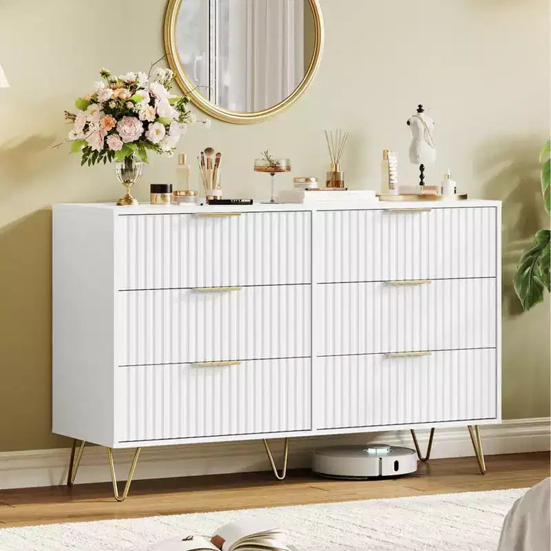 Commode en bois moderne avec 6 tiroirs cannelés, grand coffre de rangement avec poignées en métal, commode de chambre anti-basculement pour chambre à coucher, salon, couloir