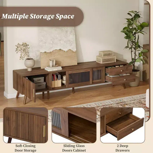 Meuble TV 76" pour téléviseurs jusqu'à 85 pouces, meuble TV moderne et minimaliste avec portes en verre et armoires de rangement, centre de divertissement aspect bois