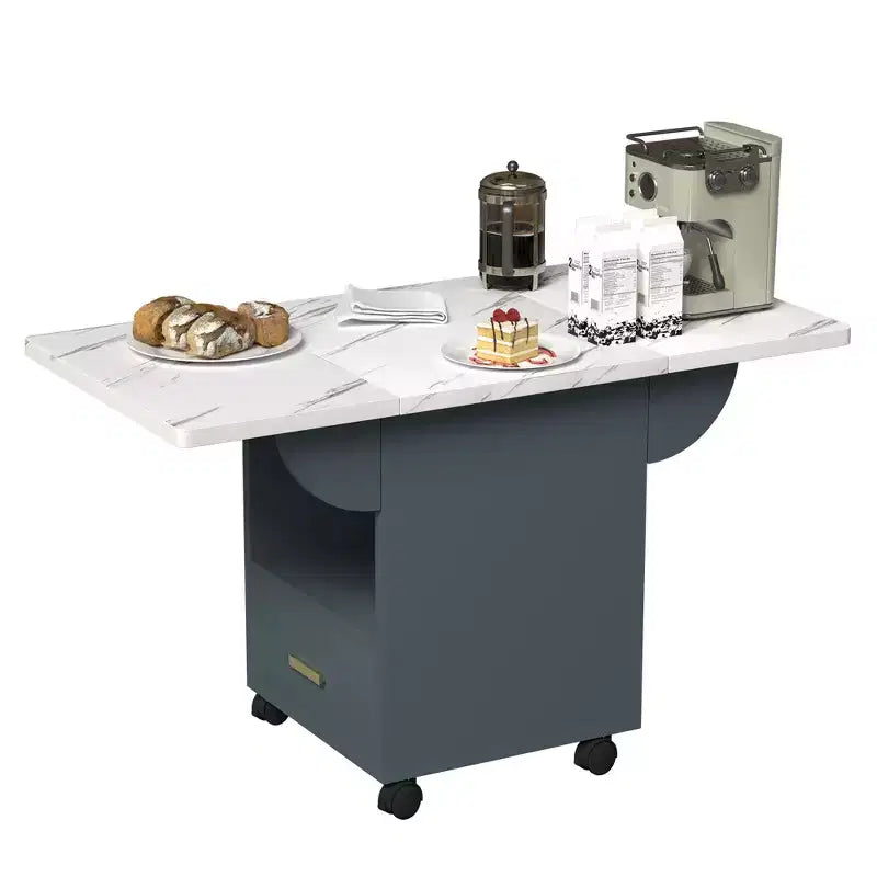 MAYEERTY Table de cuisine pliante, table à manger texture marbre avec roulettes, tiroir de rangement et étagère, table polyvalente peu encombrante