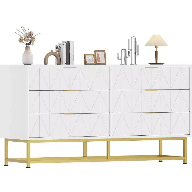 Commode à 6 tiroirs avec grand rangement, Organisateur de commode en bois avec pieds en métal, Commodes et chiffonniers pour Chambre, Salon, Couloir
