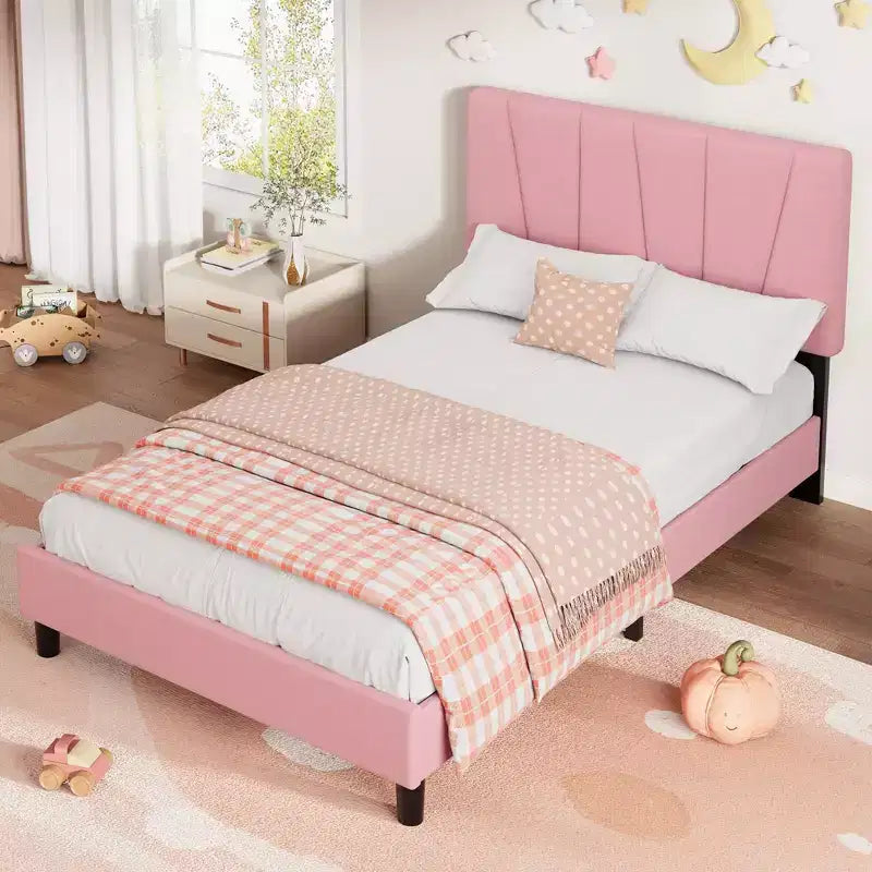 Cadre de lit double avec tête de lit réglable, lit plateforme rembourré en lin avec lattes en bois, pas besoin de sommier tapissier, assemblage facile, gris