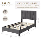 Cadre de lit double avec tête de lit réglable, lit plateforme rembourré en lin avec lattes en bois, pas besoin de sommier tapissier, assemblage facile, gris