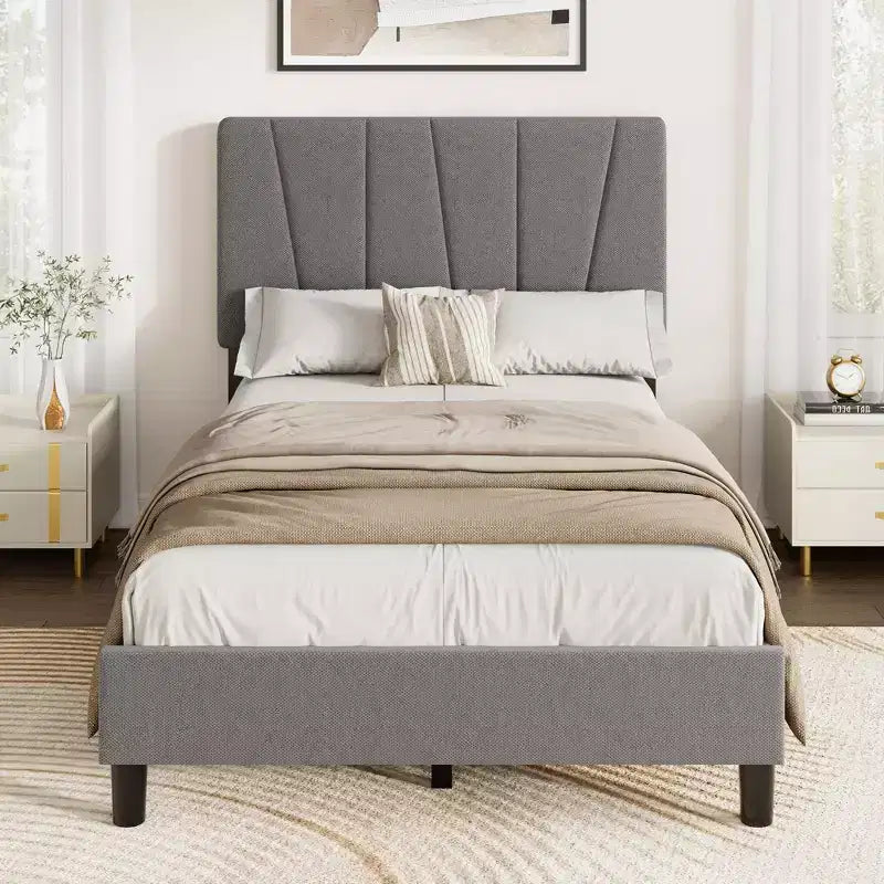 Cadre de lit double avec tête de lit réglable, lit plateforme rembourré en lin avec lattes en bois, pas besoin de sommier tapissier, assemblage facile, gris