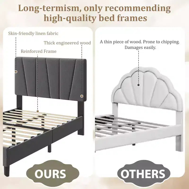 Cadre de lit double avec tête de lit réglable, lit plateforme rembourré en lin avec lattes en bois, pas besoin de sommier tapissier, assemblage facile, gris