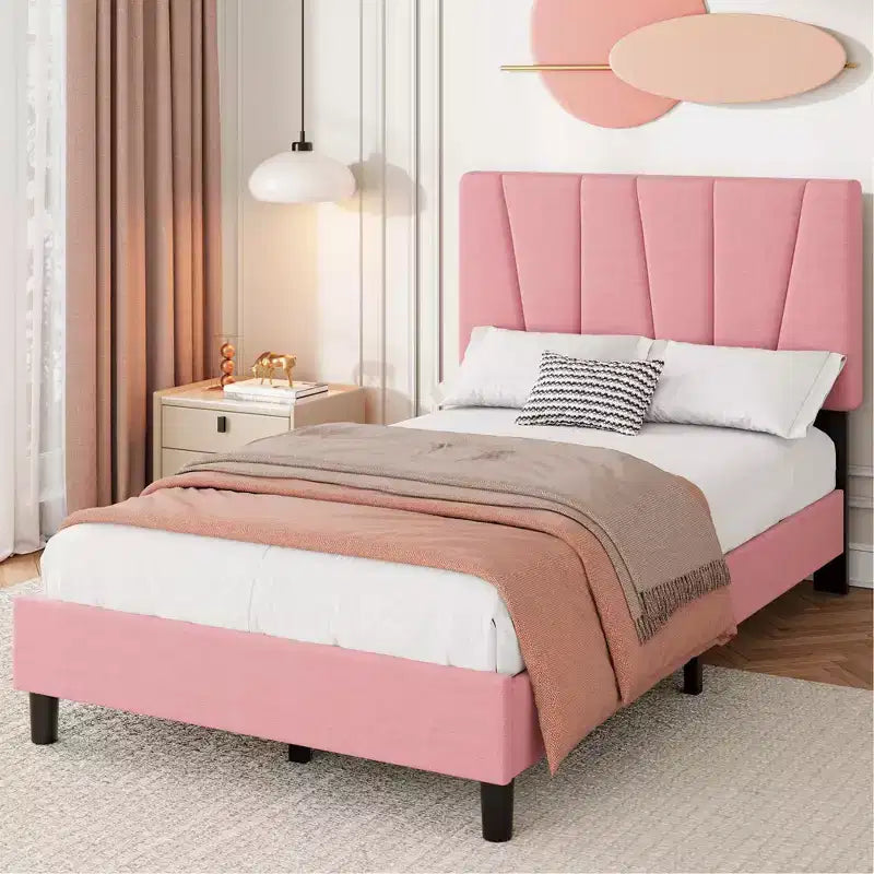 Cadre de lit double avec tête de lit réglable, lit plateforme rembourré en lin avec lattes en bois, pas besoin de sommier tapissier, assemblage facile, gris