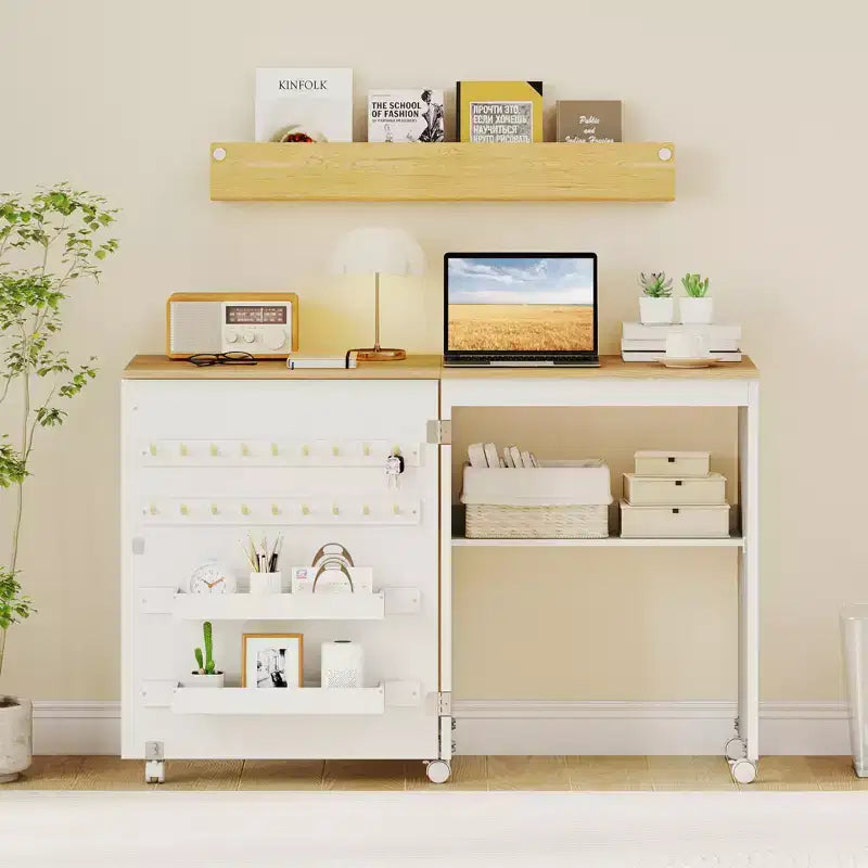 Table de couture pliante Costway avec étagère de rangement au design compact, 2 tiroirs et 18 chevilles