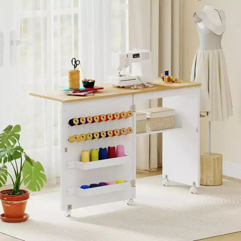 Table de couture pliante Costway avec étagère de rangement au design compact, 2 tiroirs et 18 chevilles