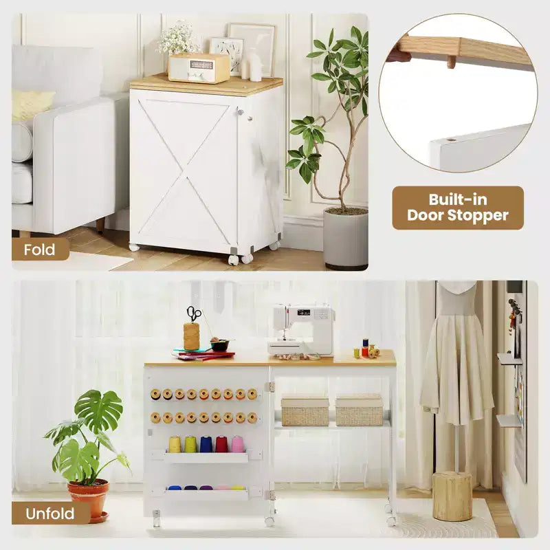 Table de couture pliante Costway avec étagère de rangement au design compact, 2 tiroirs et 18 chevilles