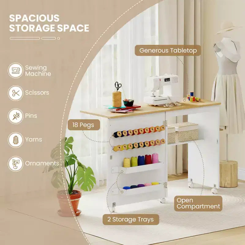 Table de couture pliante Costway avec étagère de rangement au design compact, 2 tiroirs et 18 chevilles