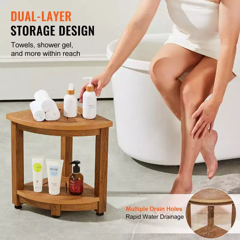 Banc de douche d'angle 42 cm aspect bois avec étagère de rangement Capacité 159 kg Polystyrène résistant à l'eau avec trous de drainage