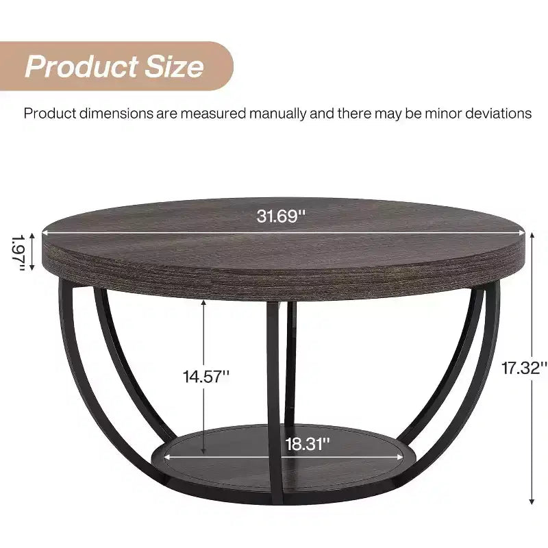 Table basse en bois, table basse de salon ronde à 2 niveaux avec étagères de rangement