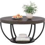 Table basse en bois, table basse de salon ronde à 2 niveaux avec étagères de rangement