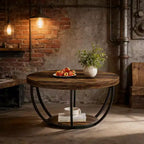 Table basse en bois, table basse de salon ronde à 2 niveaux avec étagères de rangement