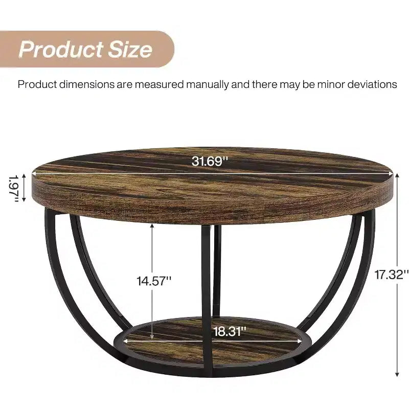 Table basse en bois, table basse de salon ronde à 2 niveaux avec étagères de rangement
