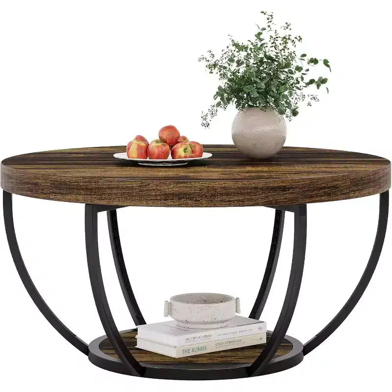 Table basse en bois, table basse de salon ronde à 2 niveaux avec étagères de rangement