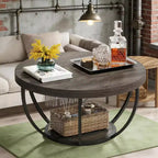 Table basse en bois, table basse de salon ronde à 2 niveaux avec étagères de rangement
