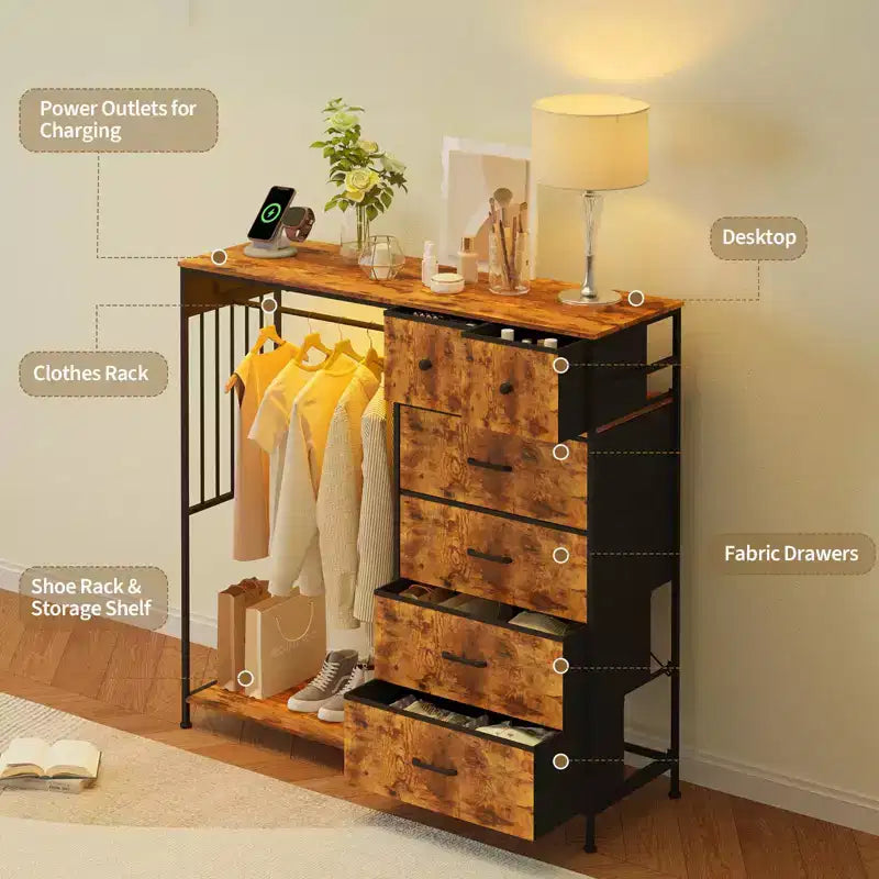 Commode à 6 tiroirs avec penderie, commode avec station de charge et lumières LED, commodes pour enfants avec porte-chaussures, commode pour chambre à coucher