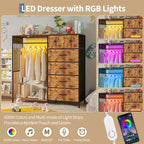 Commode à 6 tiroirs avec penderie, commode avec station de charge et lumières LED, commodes pour enfants avec porte-chaussures, commode pour chambre à coucher