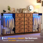 Commode à 6 tiroirs avec penderie, commode avec station de charge et lumières LED, commodes pour enfants avec porte-chaussures, commode pour chambre à coucher
