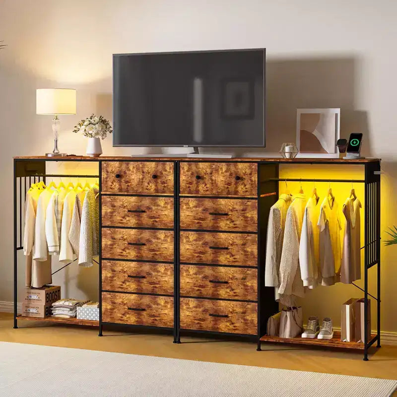 Commode à 6 tiroirs avec penderie, commode avec station de charge et lumières LED, commodes pour enfants avec porte-chaussures, commode pour chambre à coucher