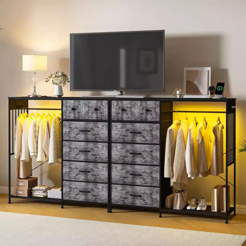 Commode à 6 tiroirs avec penderie, commode avec station de charge et lumières LED, commodes pour enfants avec porte-chaussures, commode pour chambre à coucher
