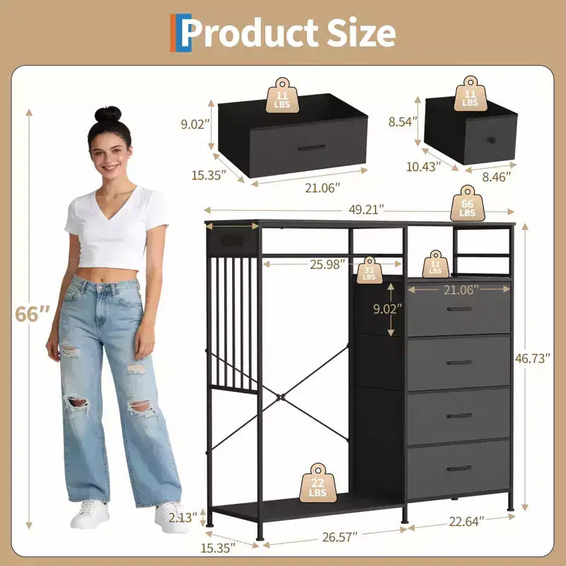 Commode à 6 tiroirs avec penderie, commode avec station de charge et lumières LED, commodes pour enfants avec porte-chaussures, commode pour chambre à coucher