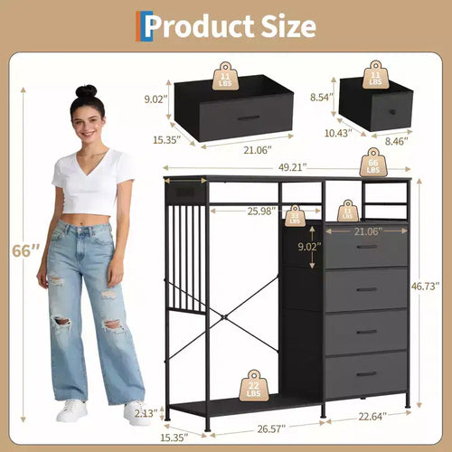 Commode à 6 tiroirs avec penderie, commode avec station de charge et lumières LED, commodes pour enfants avec porte-chaussures, commode pour chambre à coucher