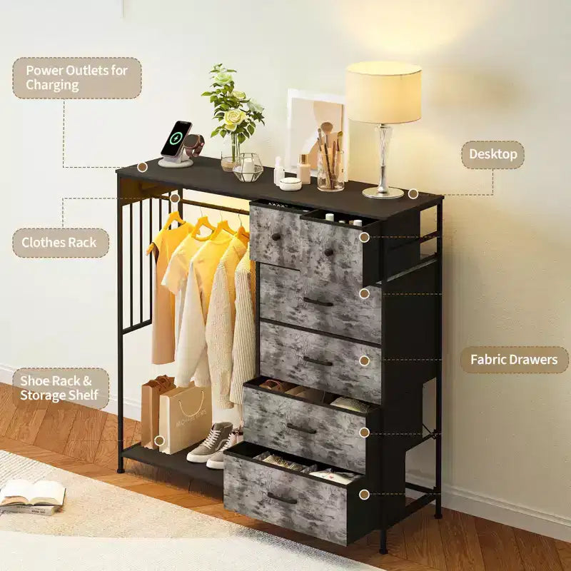 Commode à 6 tiroirs avec penderie, commode avec station de charge et lumières LED, commodes pour enfants avec porte-chaussures, commode pour chambre à coucher