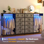 Commode à 6 tiroirs avec penderie, commode avec station de charge et lumières LED, commodes pour enfants avec porte-chaussures, commode pour chambre à coucher