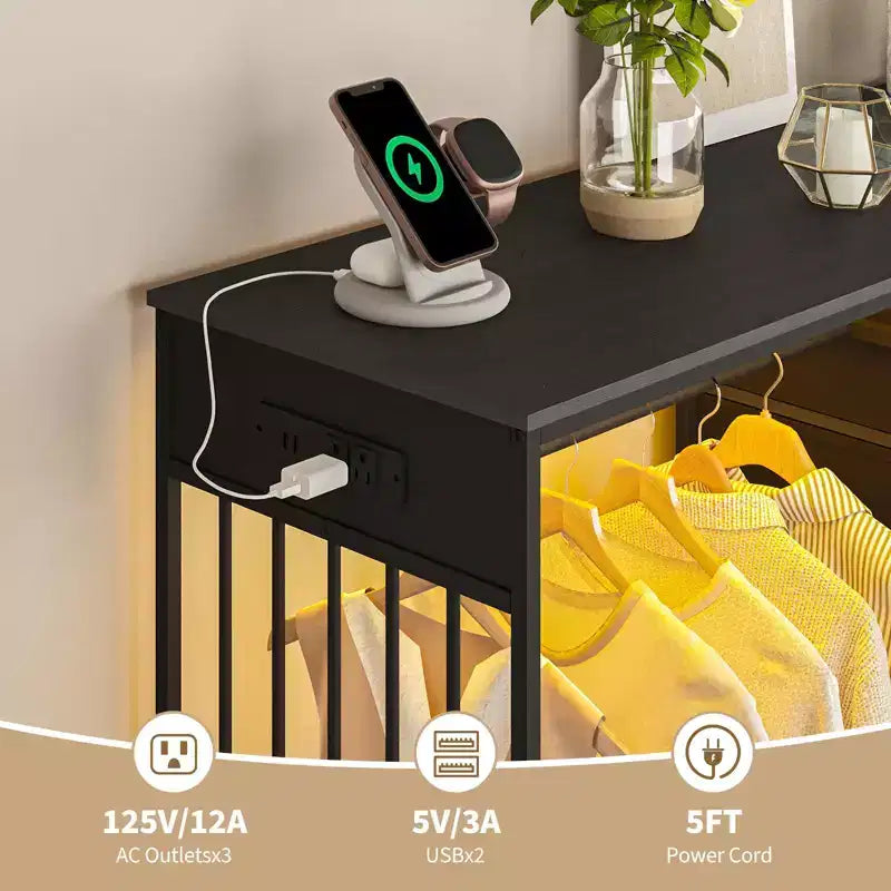Commode à 6 tiroirs avec penderie, commode avec station de charge et lumières LED, commodes pour enfants avec porte-chaussures, commode pour chambre à coucher