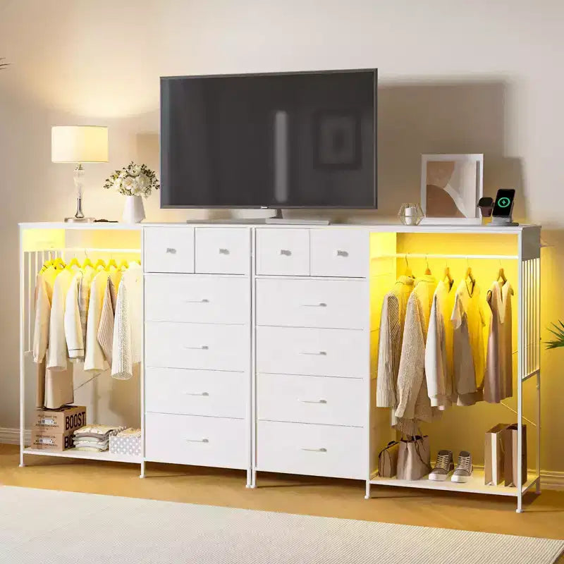 Commode à 6 tiroirs avec penderie, commode avec station de charge et lumières LED, commodes pour enfants avec porte-chaussures, commode pour chambre à coucher