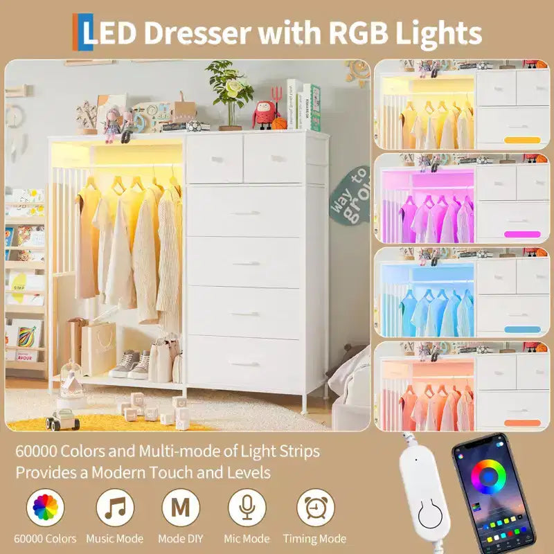 Commode à 6 tiroirs avec penderie, commode avec station de charge et lumières LED, commodes pour enfants avec porte-chaussures, commode pour chambre à coucher