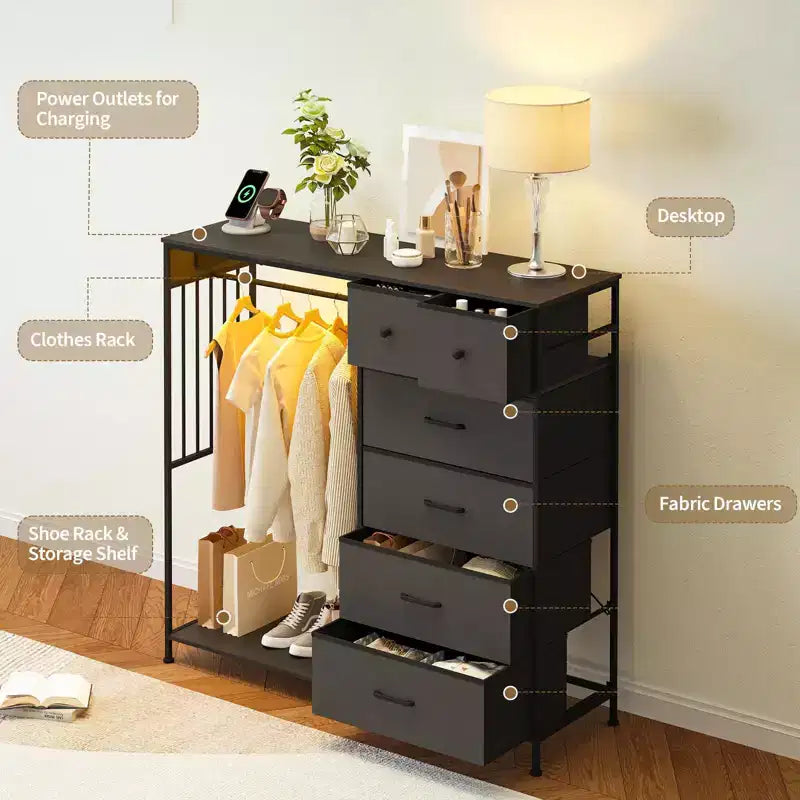 Commode à 6 tiroirs avec penderie, commode avec station de charge et lumières LED, commodes pour enfants avec porte-chaussures, commode pour chambre à coucher