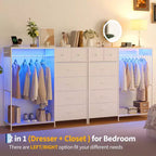 Commode à 6 tiroirs avec penderie, commode avec station de charge et lumières LED, commodes pour enfants avec porte-chaussures, commode pour chambre à coucher